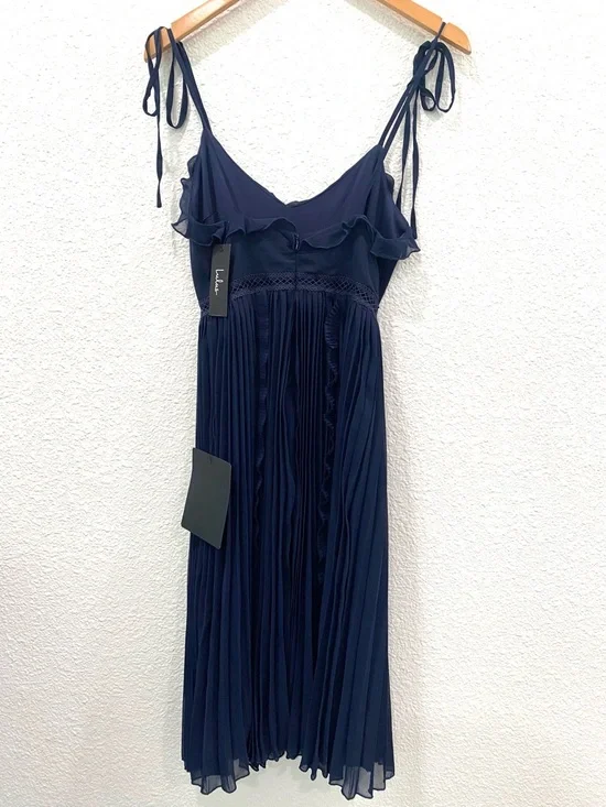 Lulus Dress Never A Dull Moment Navy Tie-Strap Pleated Midi Women’s Size XS NWT - Picture 5 of 14